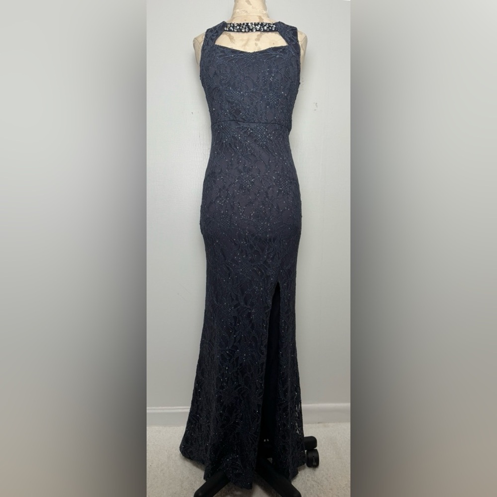 City Studio Lace Mermaid Gown XS Navy Sparkle Formal Prom Dress Slit